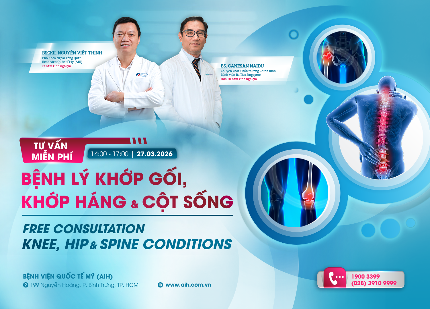 CƠ HỘI TƯ VẤN MIỄN PHÍ VỀ BỆNH LÝ KHỚP GỐI, KHỚP HÁNG VÀ CỘT SỐNG TẠI AIH